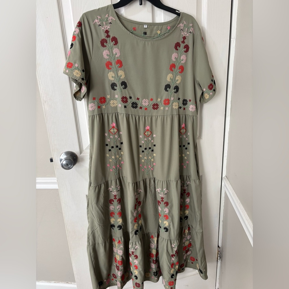 Floral Embroidered Olive Green Dress